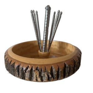 Vintage 1970s 8pc Mid Century Modern Nut Cracker Live Edge Real Wooden Bowl Set